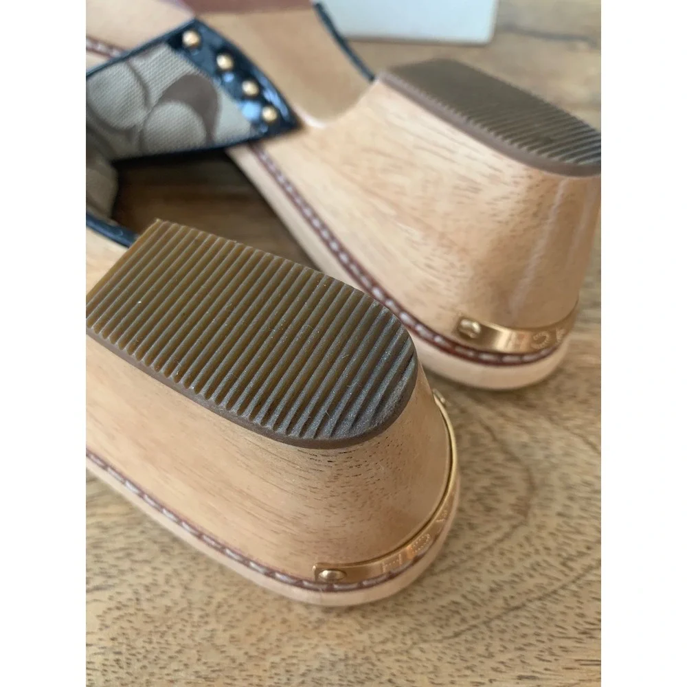 Vintage Coach Lee Sandal Signature Logo Cavas Wood Heel Patent Leather Women 8.5 - Picture 10 of 16